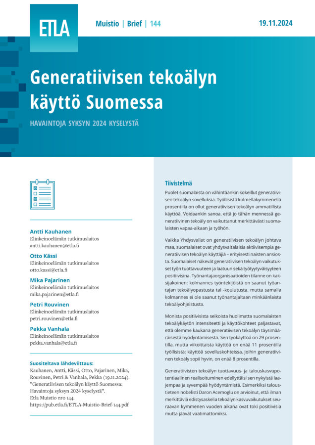 Generative Artificial Intelligence: Observations from a Fall 2024 Survey - ETLA-Muistio-Brief-144